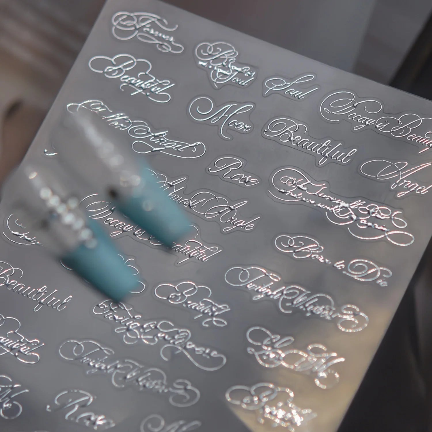 Silver Foil Script Beautiful Rose Moon Forever 5D Nail Art Stickers Cool Elegant Calligraphy Words Embossed Nail Decal Manicure