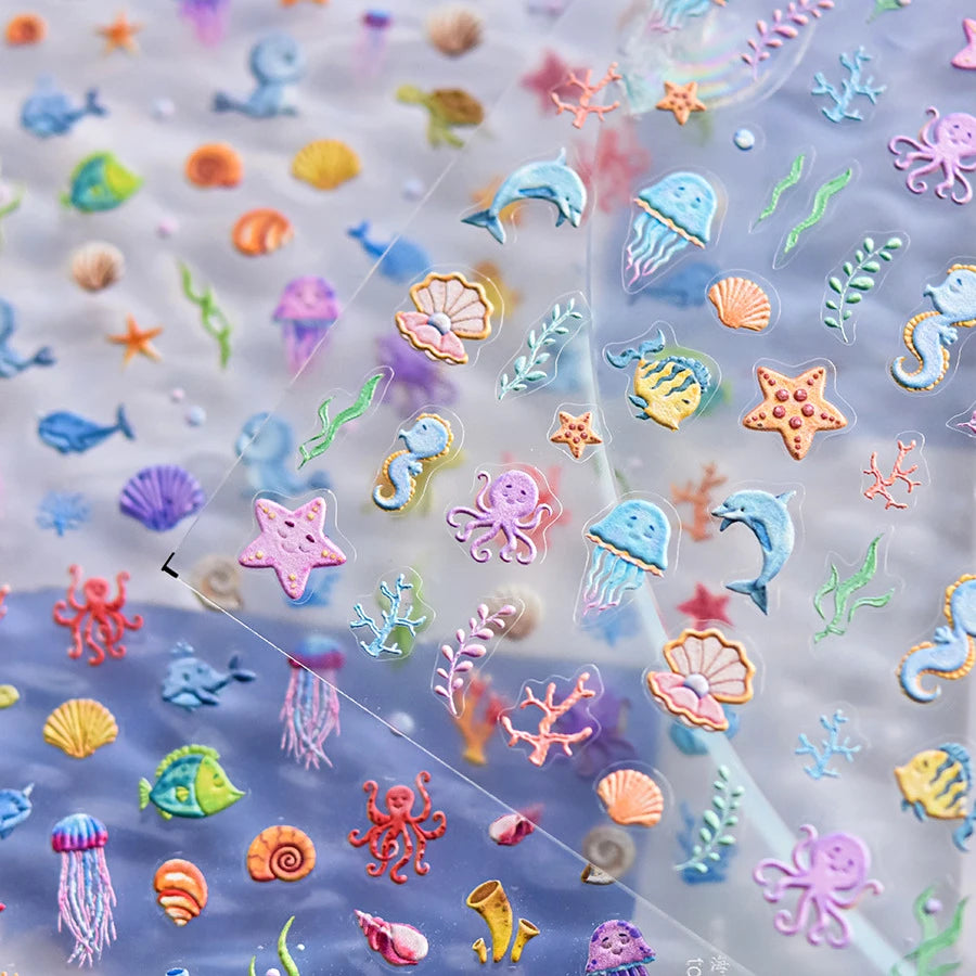 1 piece of 5D marine life nail stickers coral dolphin jellyfish shell conch starfish sea soft relief decorative nail art sticker