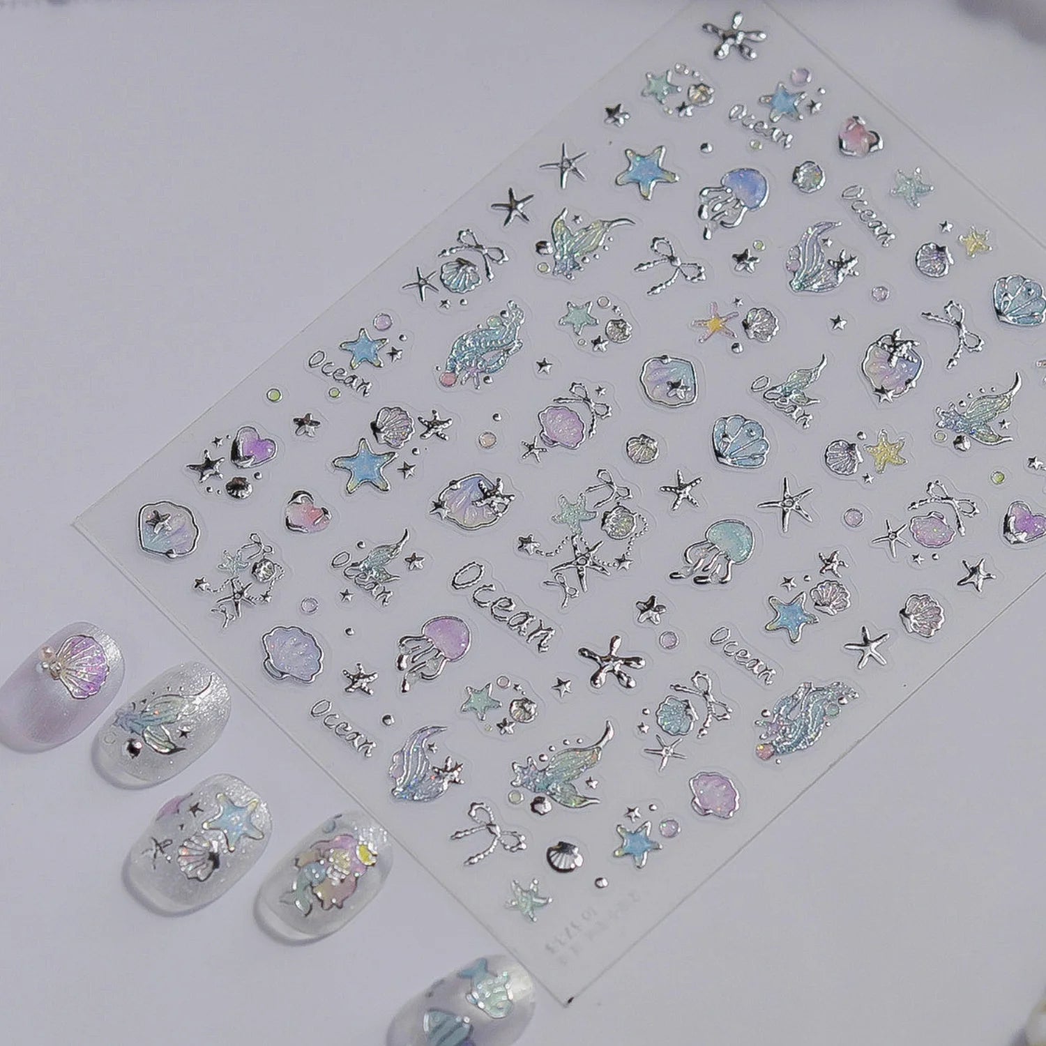 Light Blue 5D Nail Art Stickers Cartoon Cat Cherry Apple Clock Starfish Shell Blossom Decal Self Adhesive Sweet Fresh Manicure