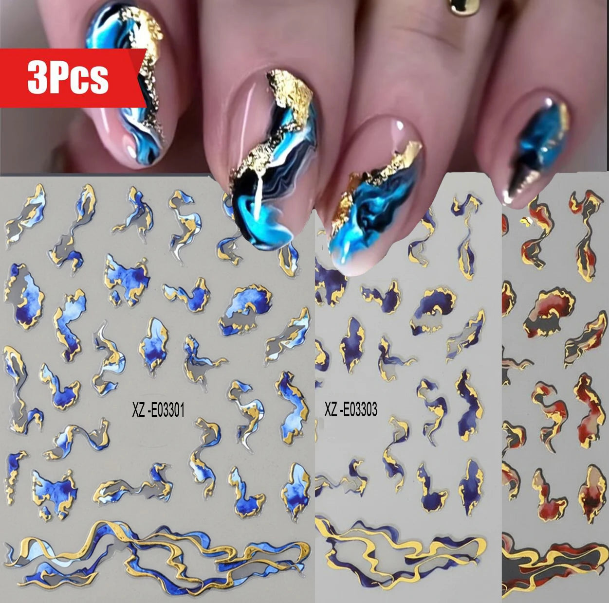 3/6/12PCS 3D Gold Foil Marble Print Nail Art Stickers Luxury Blue Gradient Ink Design Adhesive Nail Decal Geometric Nail Slider