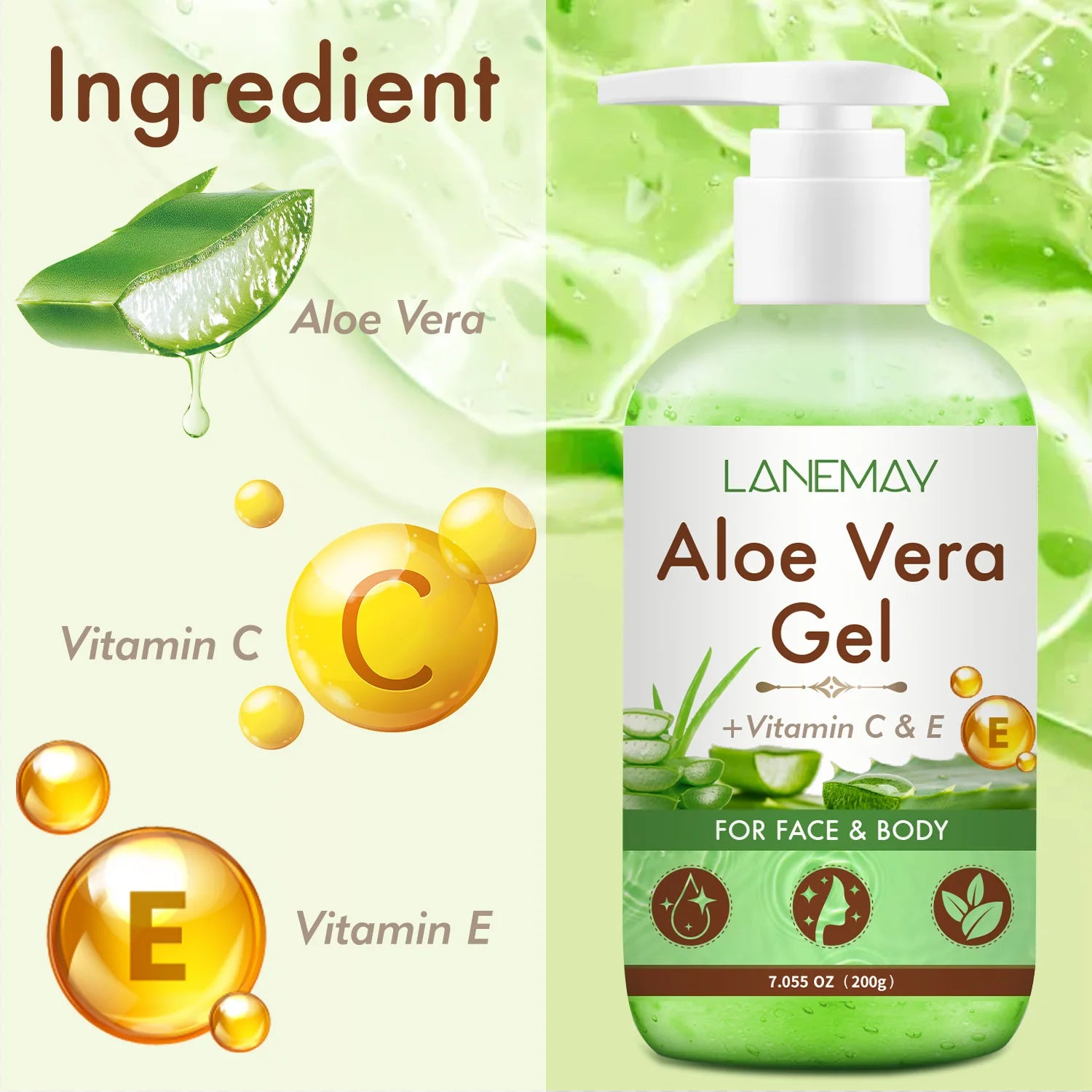 Vitamin C and E Aloe Vera Gel For Face & Body Hydrating Moisturizing Repairing Sunburn Relief Acne Care For Sensitive Skin 200g