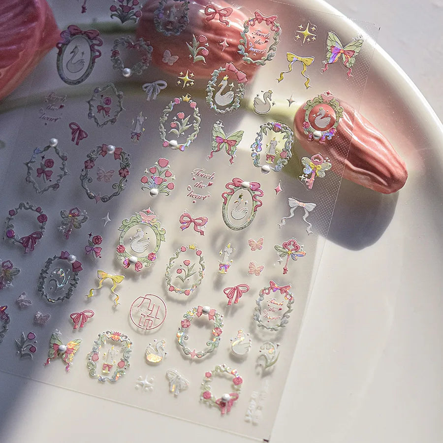 1PCS Crystal Diamond Nail Sticker Mix Pink Swan Flower Frame Butterfly Self Adhesive Nail Art Stickers DIY Cute Decoration Parts
