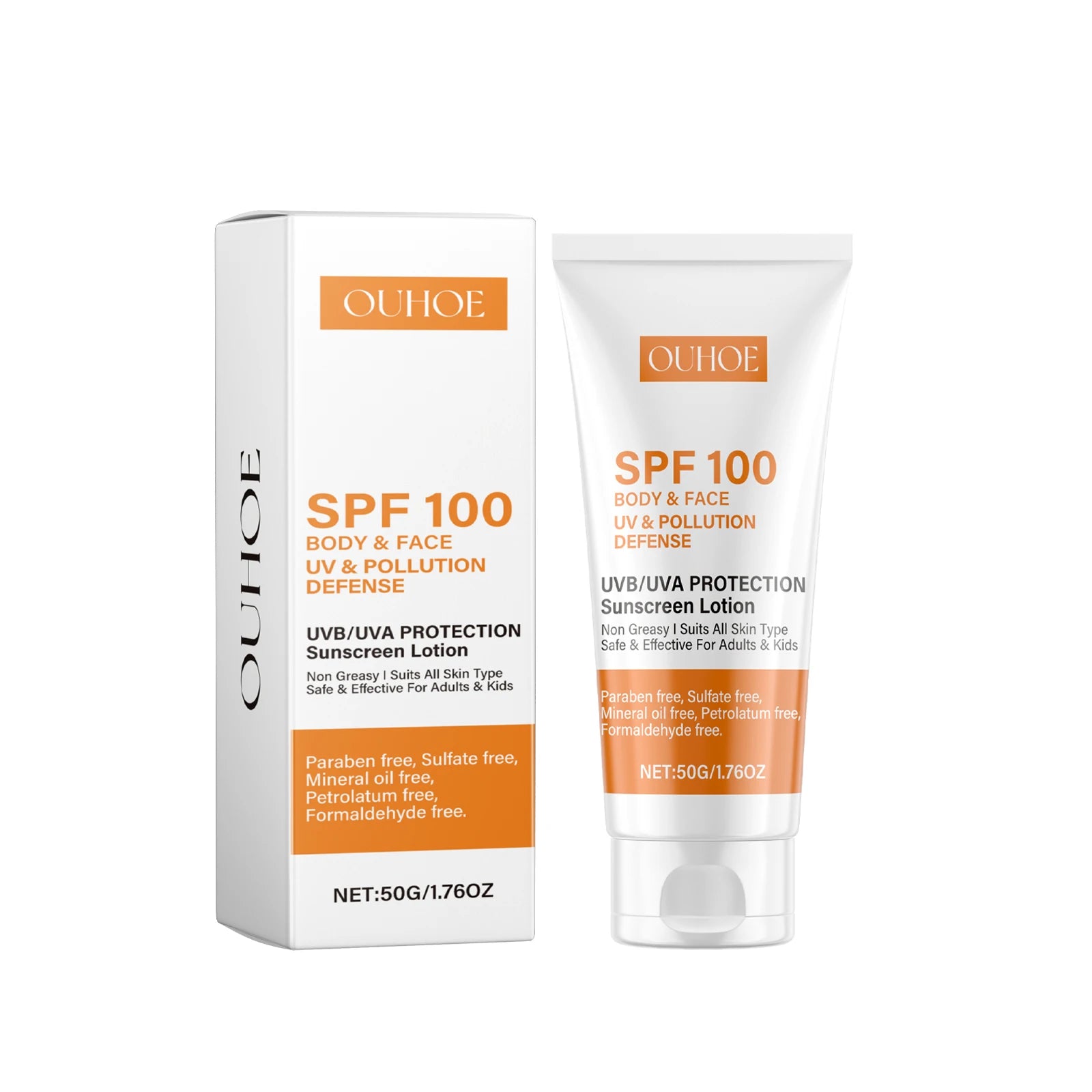 Ouhoe Body and Face Sunscreen Cream SPF 100 Protection UVA UVB Blocker Non Greasy Daily Defense for Summer Outdoor Beach Use 50g