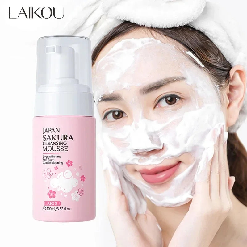 LAIKOU Japan Sakura Cleansing Mousse Gentle Foam Face Wash Even Skin Tone Deep Cleansing Non-Irritating Facial Cleanser 100ml