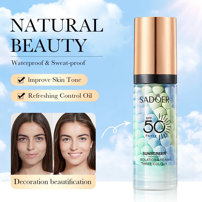 SADOER Three-Color Makeup Primer Cream Brighten Skin Tone and Moisturize Foundation Base Sunscreen SPF 50PA+++