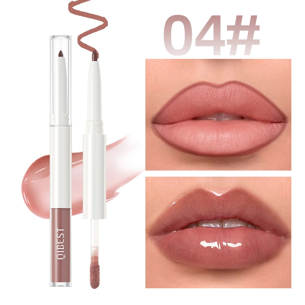 QIBEST Double Head Mirror Lip Glaze Lipliner Pen Water Light Lipgloss Makeup 2 in 1 Stick Matte Velvet Lip Liner Contour Pencil