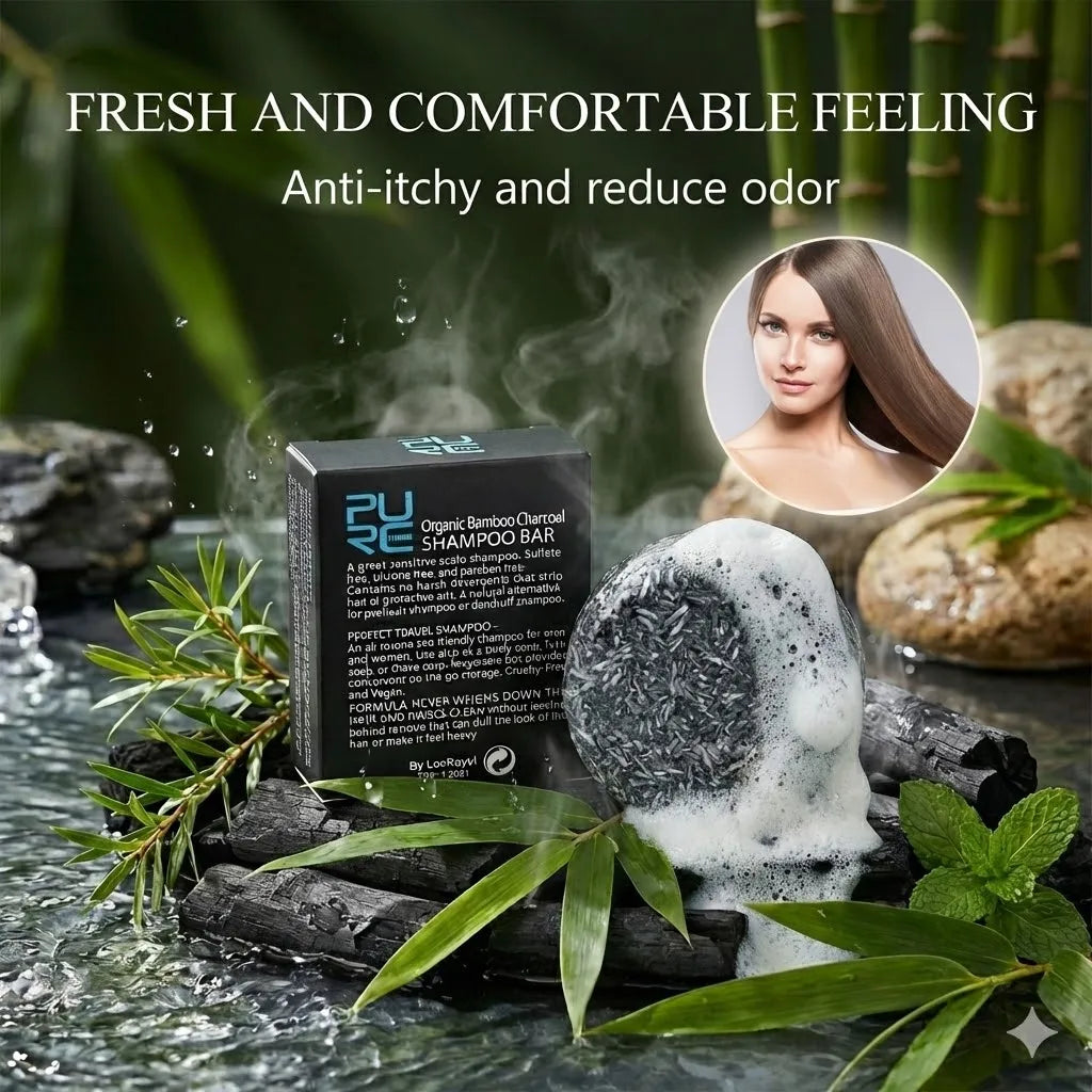 PURC Handmade Bamboo Charcoal Shampoo Bar Natural Essential Oil Soap Rich Lather Deep Clean Scalp Anti Dandruff Hair Care for Re
