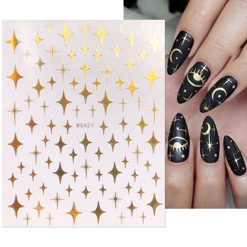 Shiny Gold Star Moon Sun Nail Stickers for Manicure Accessories Heart Feather Animals Printing Self Adhesive Nail Wrap