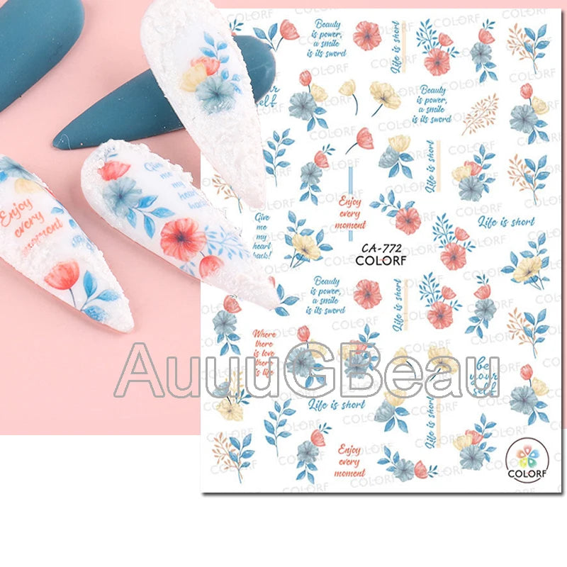 3d Nail Art Decals Geometric Lines Daisy Sunflowers Letters Adhesive Sliders Nail Stickers Decoration For Manicure