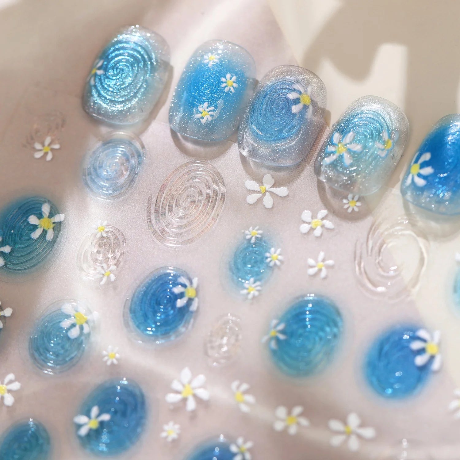 5D Summer Ocean Nail Art Stickers Blue Water Wave Daisy Spiral Pattern Self-adhesive Seaside Nail Decal DIY Manicure Decoration