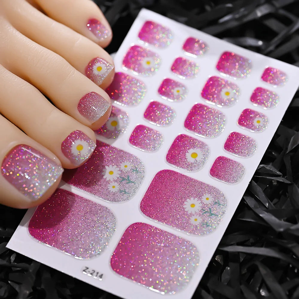 1pcs 22tips Gradient Glitter Full Toe Nail Wraps 3D Shiny Omber Pink/Purple/blue Toe Nail Polish Stickers Baking Free Toe Strips