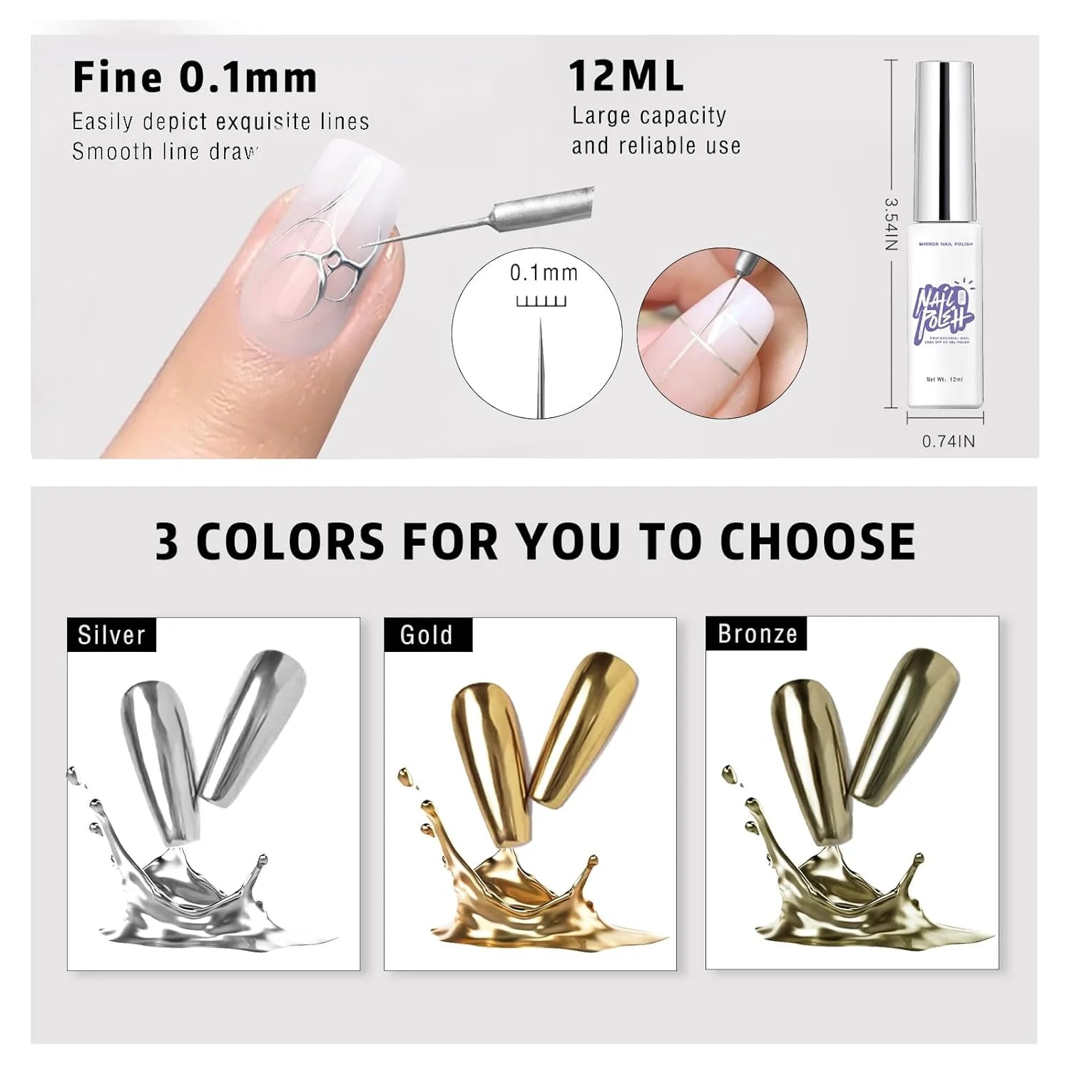 5/8/10/12ml 5D Metallic Painting Nail Gel Silver/Gold Liner Polish Mirror Chrome Effect Gel Nail Polish Soak Off UV/LED Drawing^