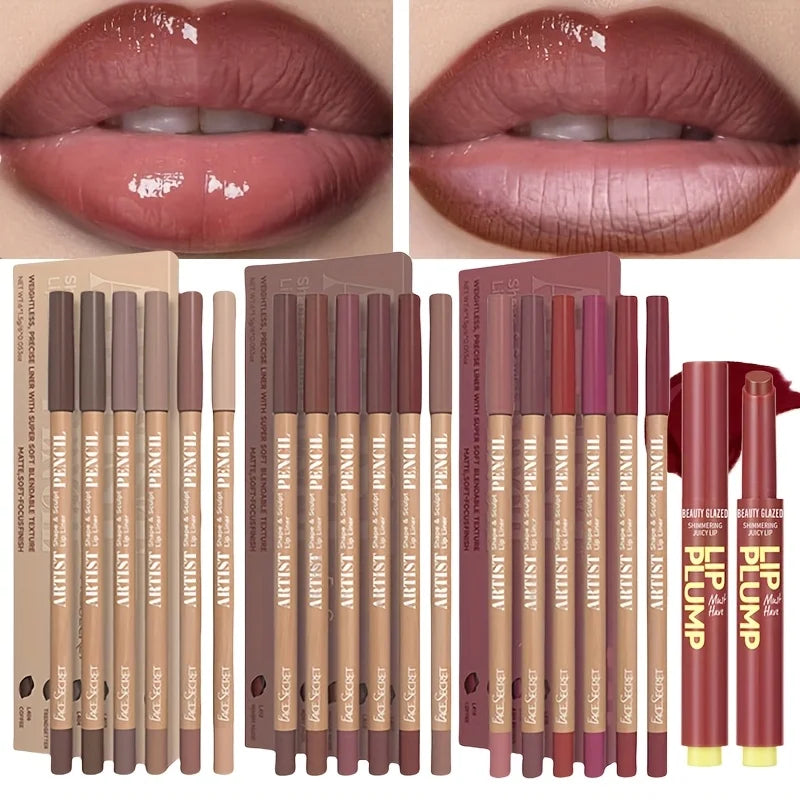 7Pcs Dark Brown Lip Liner with Color Lip Oil Lip Gloss Set, Moisturizing Solid Lip Gloss Jelly Lipstick, Matte Velvet Lipliner