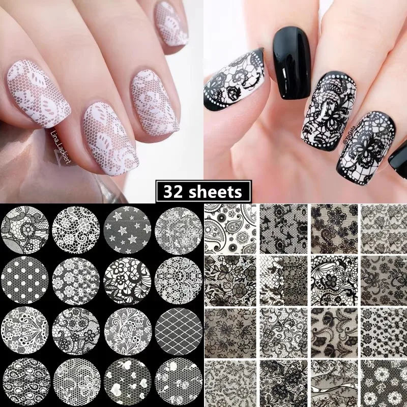 Black  White Lace Rose Nails Foil Stickers Black  Flowers Design Manicure Nail Art Transfer Paper Nails Art Decals
