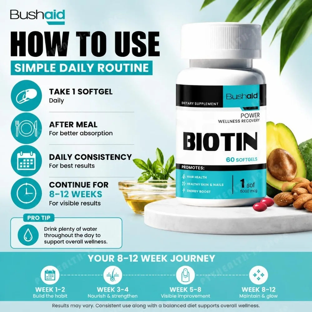 Bushaid Biotin 5000mcg Softgels Hair Skin Nails Vitamin B7 Keratin Support Energy Non-GMO Gluten Free 60 Softgels 60 Day