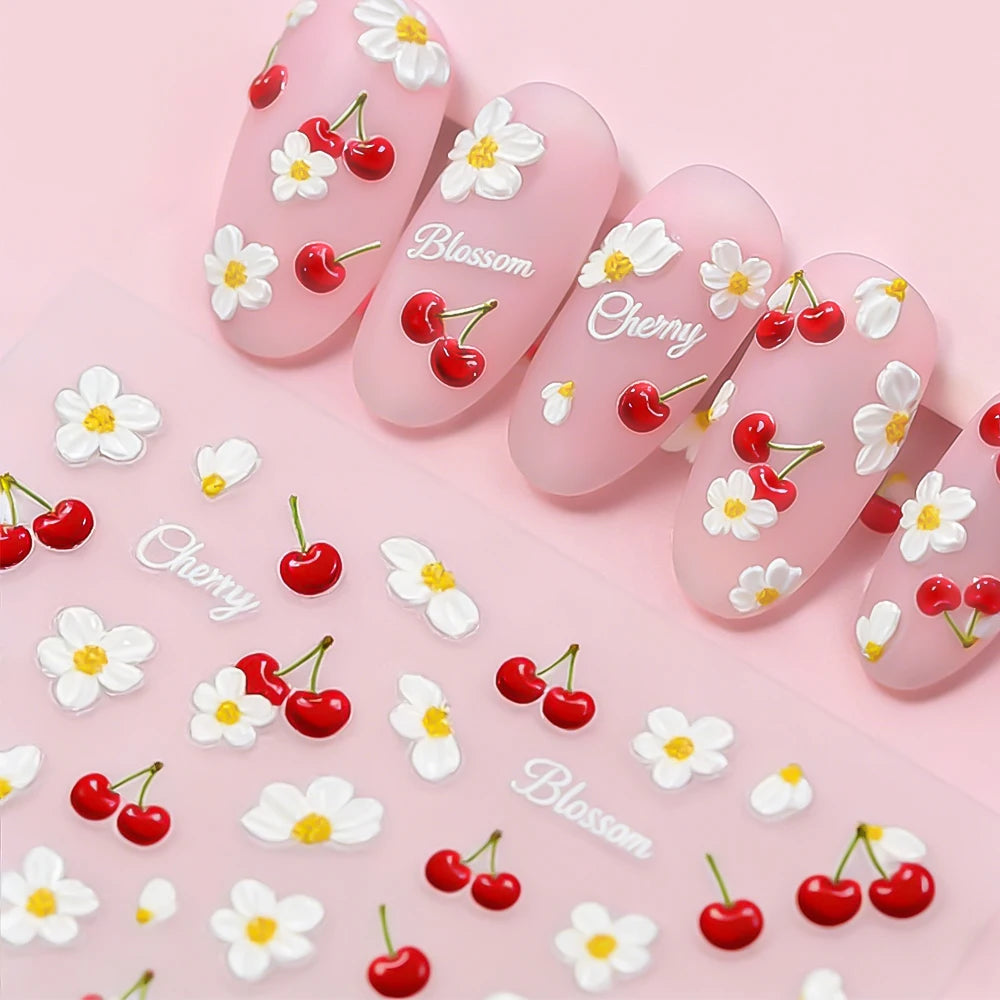 1Pcs 5D Cherry Daisy Nail Stickers Cute 3D Red Cherry White Flower Self-Adhesive Nail Art Decals Summer DIY Manicure Decoration