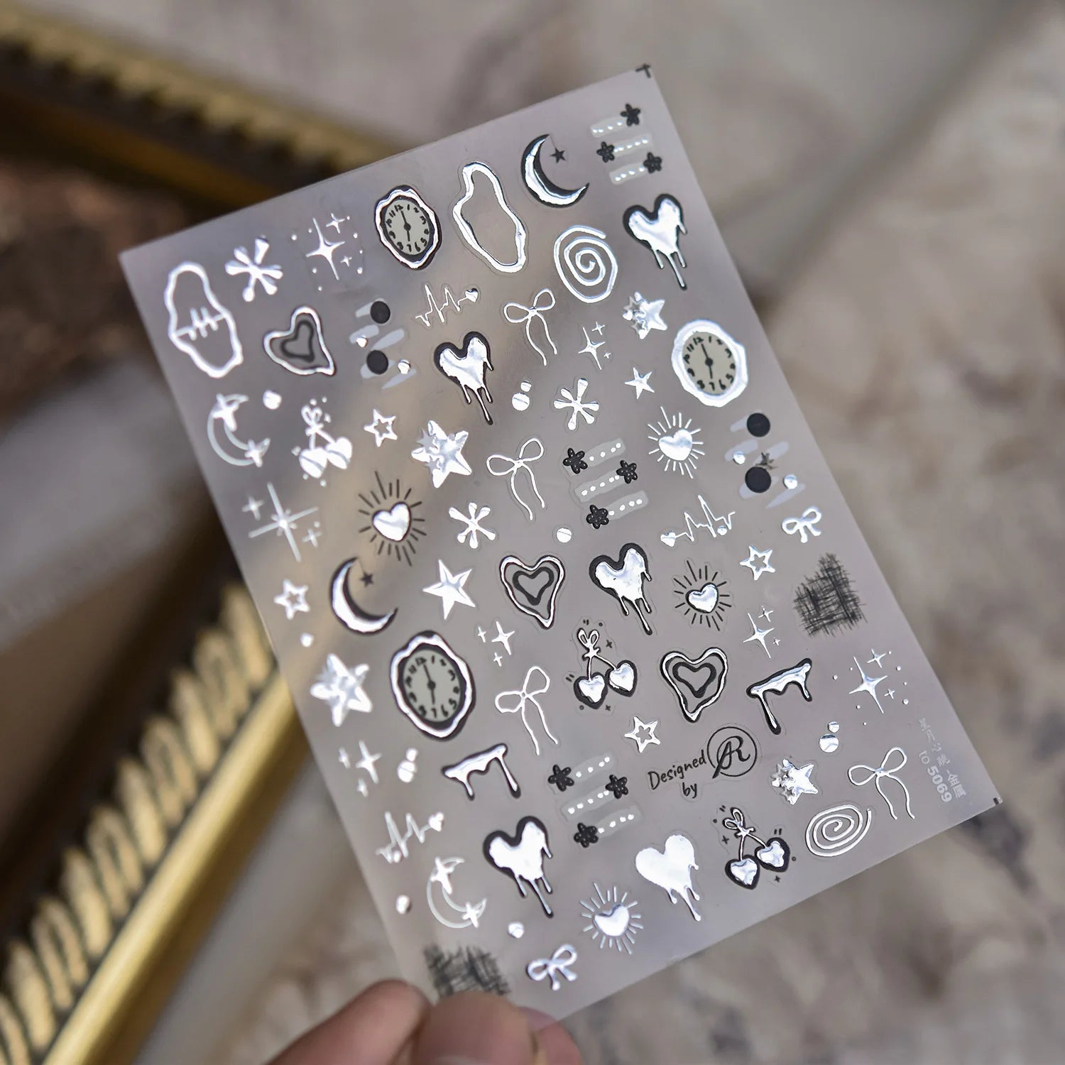 Fashion Silver Metallic Texture Nail Stickers 5D Embossed Stars Bow Love heart Cat Wings  Nail Art Stickers DIY nail decoration