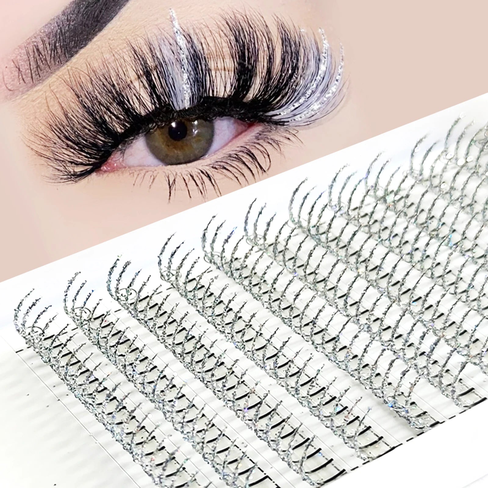 240 PCS Silver Glitter Eyelash Extensions DIY A/M Spike Lashes Luxury Wedding Eyelashes 10-15mm
