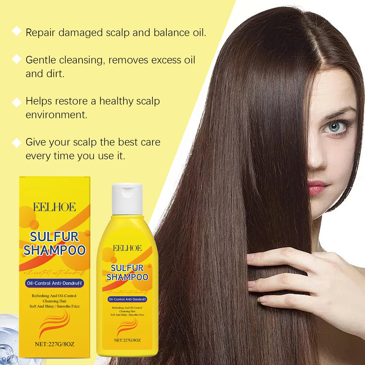 EELHOE Sulfur Shampoo Strengthen Roots Oil Control Fluffy Hair Moisturizing Mild Formula Itch Deeply Clean The Scalp 227g
