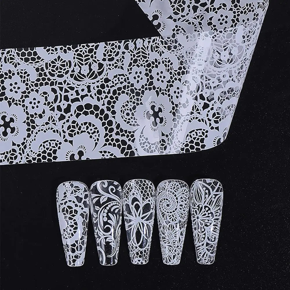 10 Rolls Black/White Lace Foil Transfer Nail Stickers Starry Sky Lace Flowers Nail Foils Stickers Lace  Nails Decoration 4*50CM
