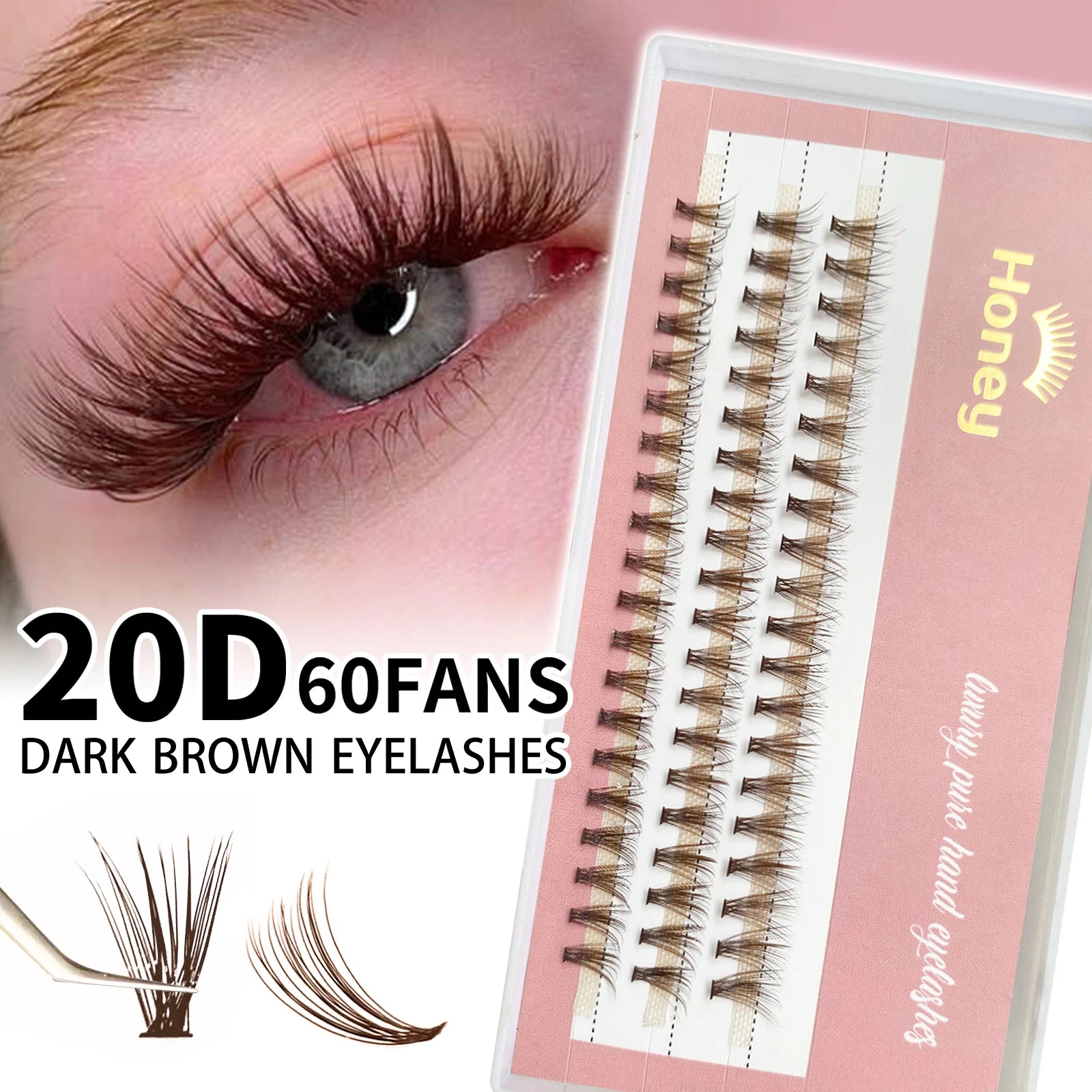 Honey Eyelash 20P Brown Cluster Lashes Extensions DIY Premade Volume Fans Eyelashes