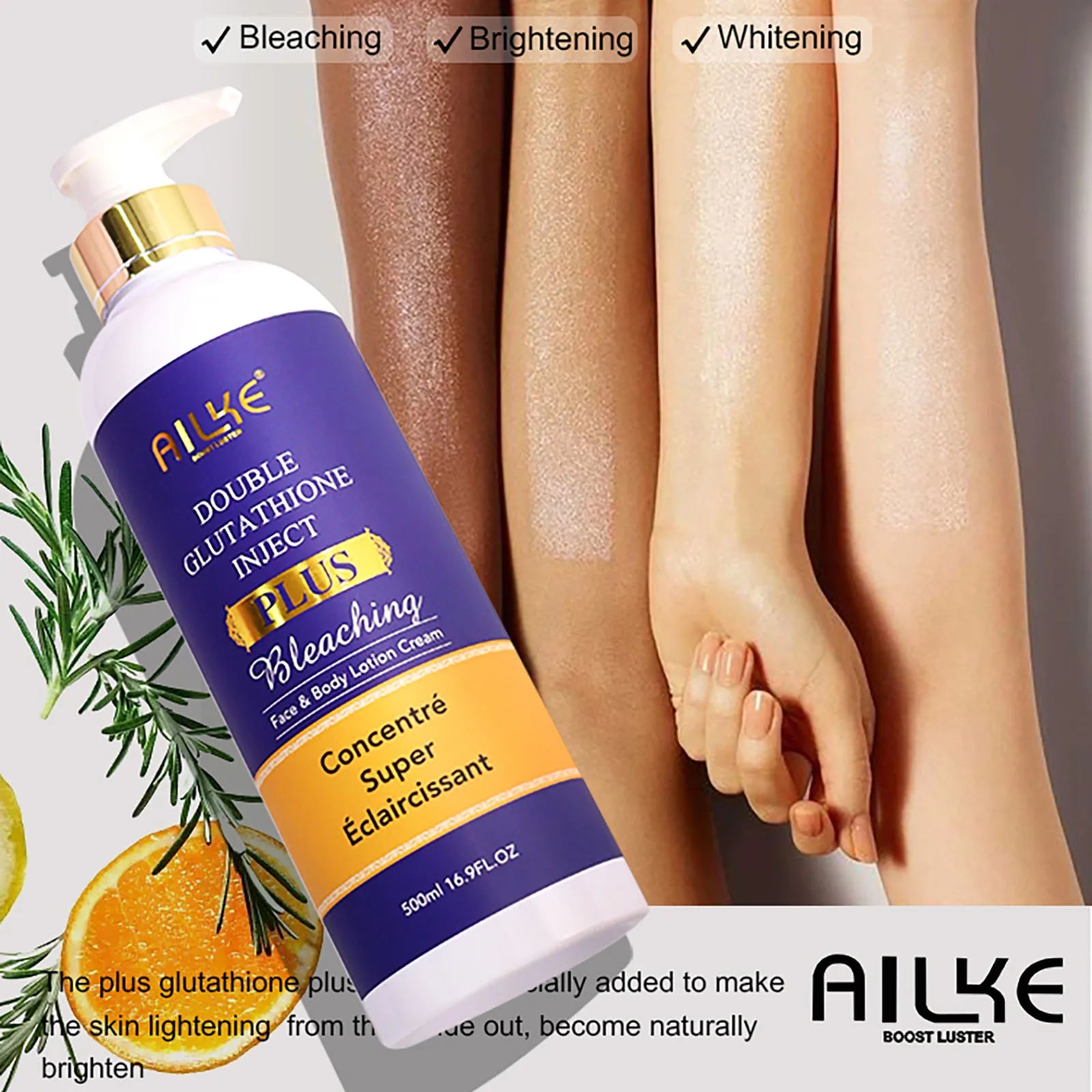 AILKE Glutathione Lighten Body Lotion, Moisturizing, Hydration, Even Skin tone, Improve Dark & Black Skin, Support Private logo