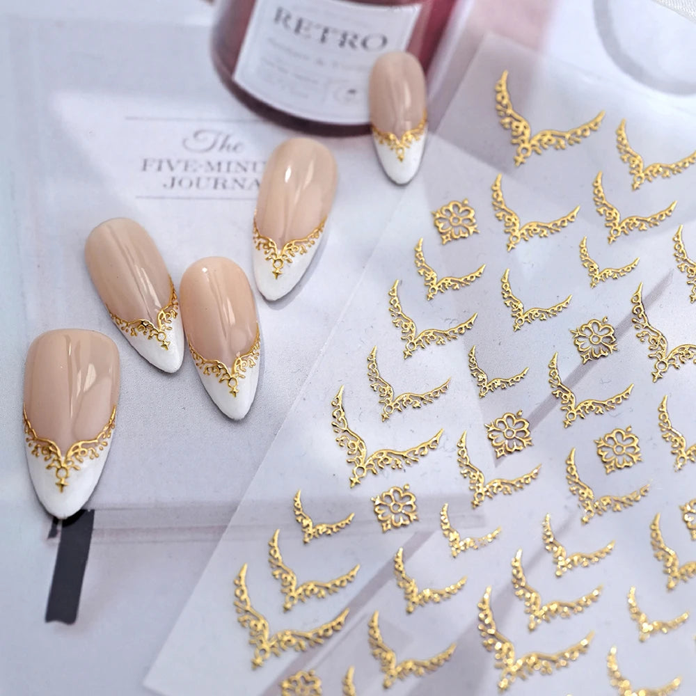 1pcs Gilded French 3D Embossed Nail Stickers Metallic V-Shaped Lace Fingertip Pattern Charming Design Nails Decoration Supplies