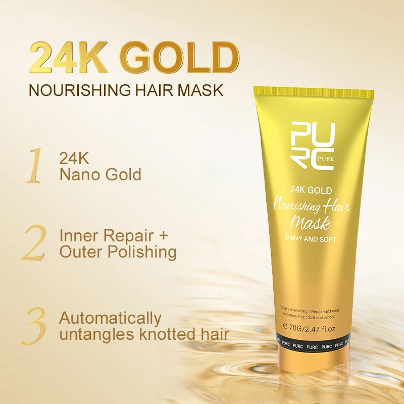 PURC 24K Gold Hair Mask Repair Damage & Dry Frizy Keratin Smoothing Straightening Hair Cream Hair Treatments Mask Hair Care