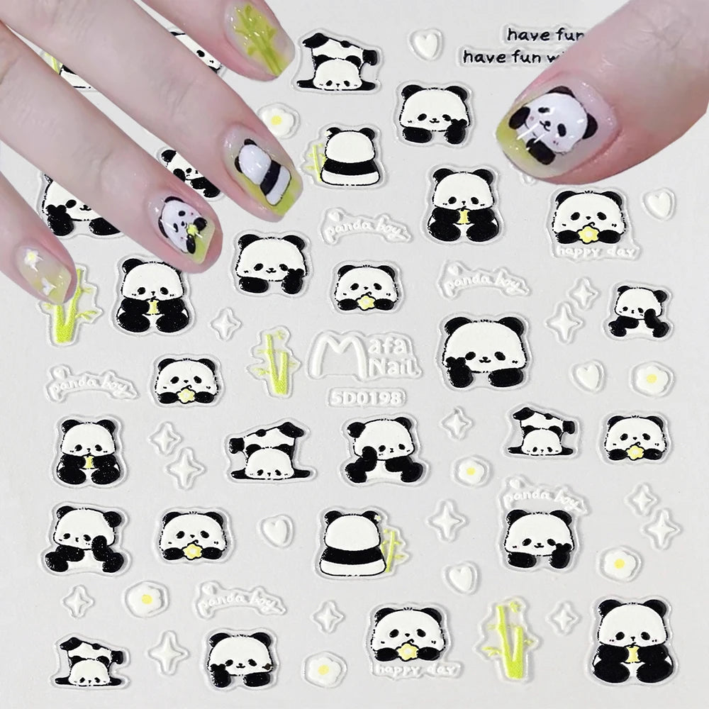 5D Lovely Panda Animal Nail Stickers Bunny Korean Cartoon Relief Self Adhesive Nail Art Stickers Cute Pretty Smile Star Manicure