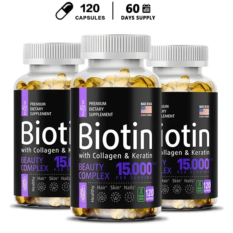 Biotin Capsules 15,000 MCG - Increase Healthier, Shinier Hair, Skin & Nails- 30 To 120 Capsules with Biotin Collagen A & B