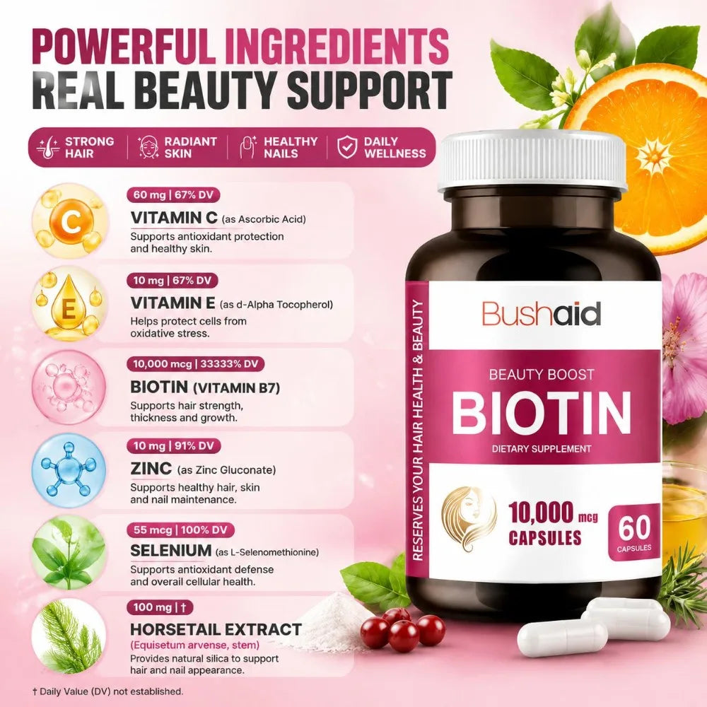 Bushaid Biotin 10000mcg Hair Growth Skin Nails Support Vitamin C E Zinc Selenium Horsetail Non-GMO Vegan Gluten Free 60 Capsules