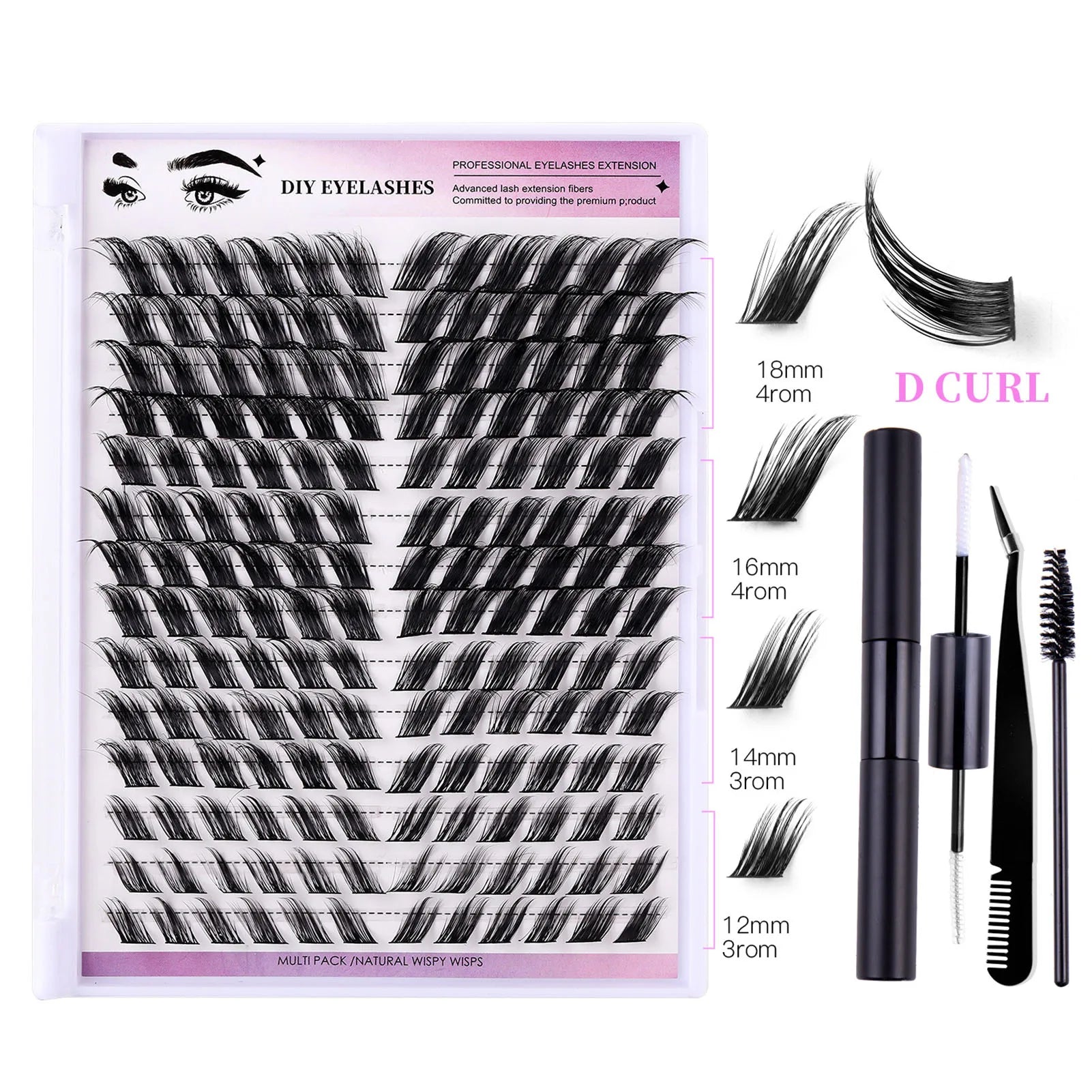 12-18mm DIY cluster Eyelash Extensions Kit Bond and Seal glue set 168row D Curl Individual Lashes for professionals makeup tools
