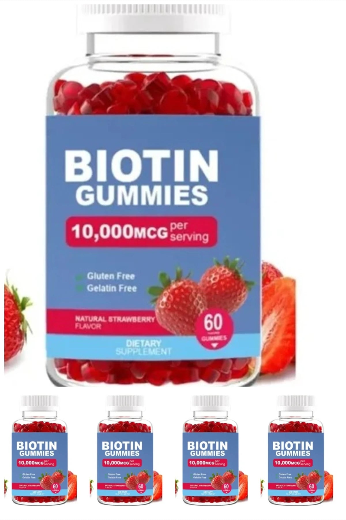 Biotin Gummies 10000 Mcg Hair Skin Nails Support, Vitamin B7 Beauty Supplement, Gluten Free Vegan Non-GMO Strawberry, 60 Gummies