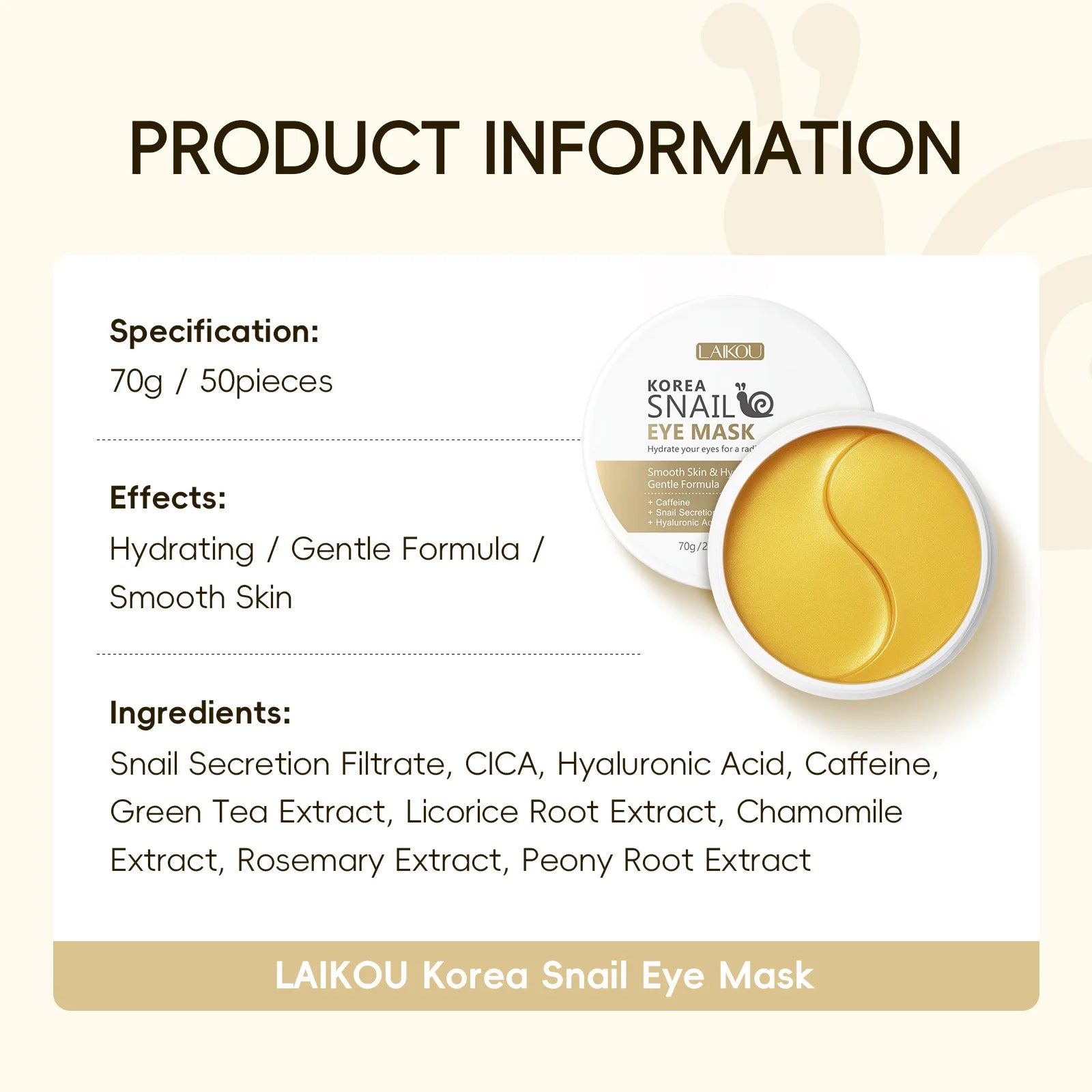 LAIKOU Snail or Sakura Under Eye Mask Anti Aging Hydrating Reduce Dark Circles Puffiness 50 Pieces for Daily Eye Care
