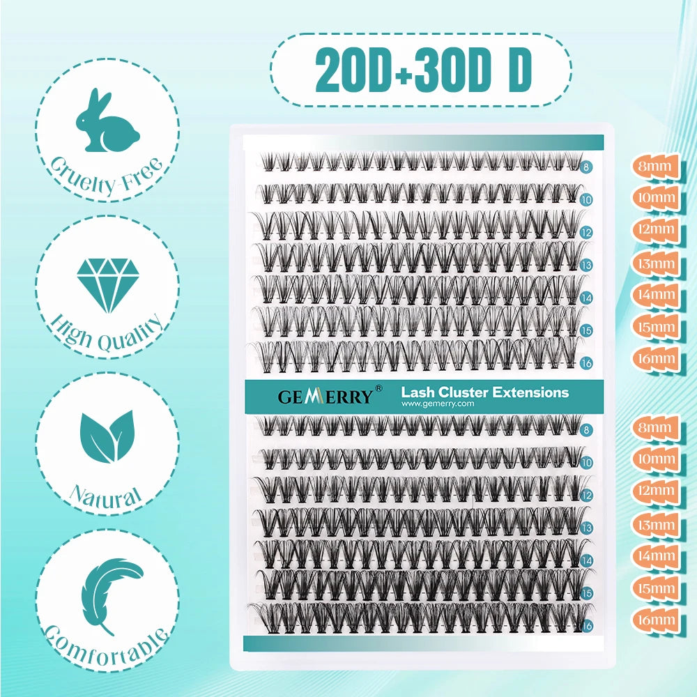 Gemerry 280 Cluster DIY Eyelashes 10D/20D 30D/40D Premade Volume Fan Lash Extension Individual Faux Mink Heat Bonded Lashes Soft